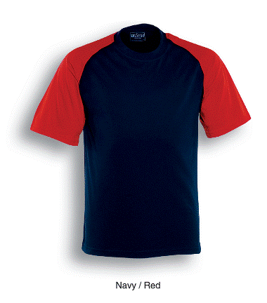 red and blue raglan shirt